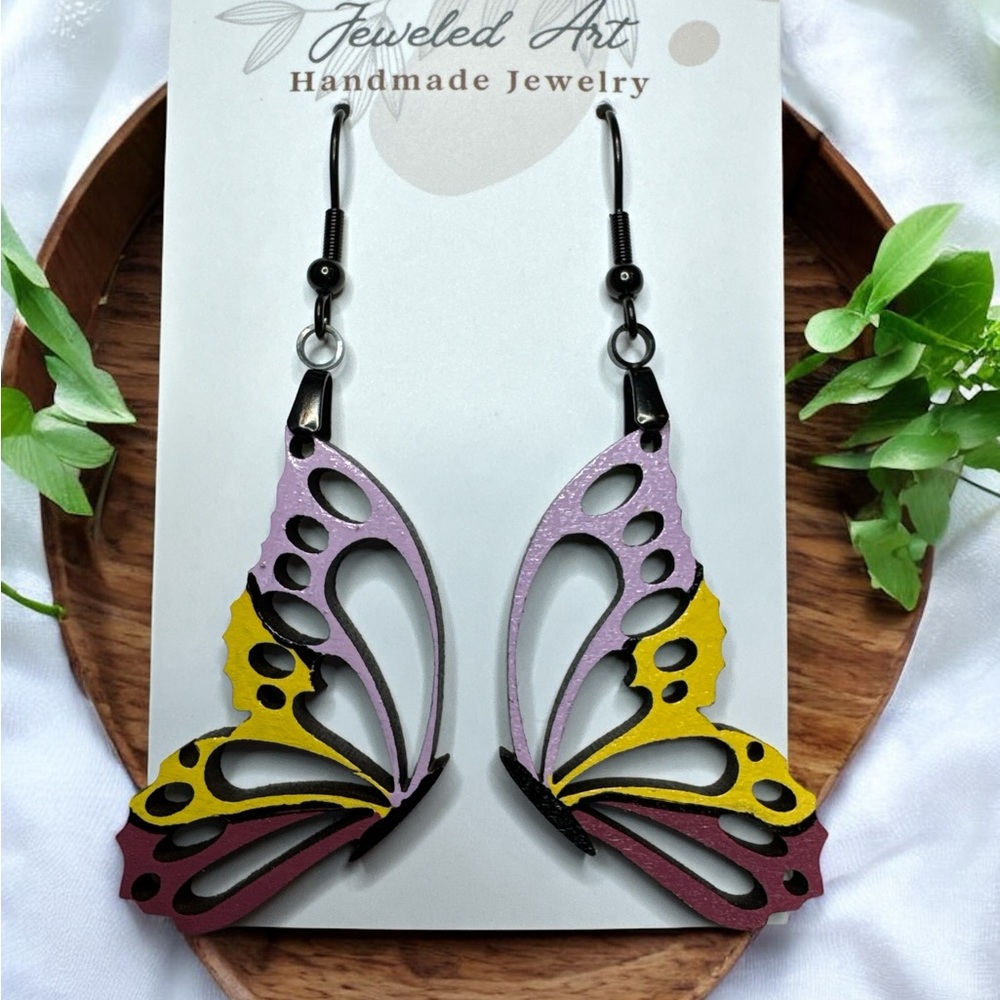 Jeweled Art Butterfly Wing Wooden Earrings HAND PAINTED